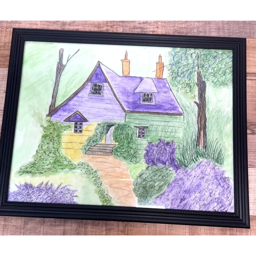 Original Watercolor Painting Cottage Garden Scene With Purple Roof & Lilac Bushe